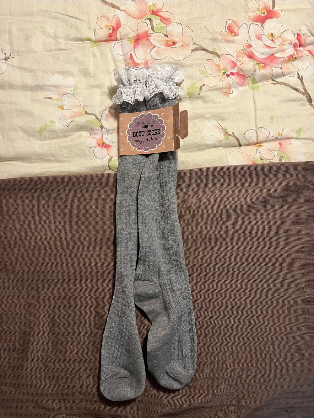 Britt’s Knits Women’s Boot Socks Grey w/ White Lace Cozy & Chic One Size New
